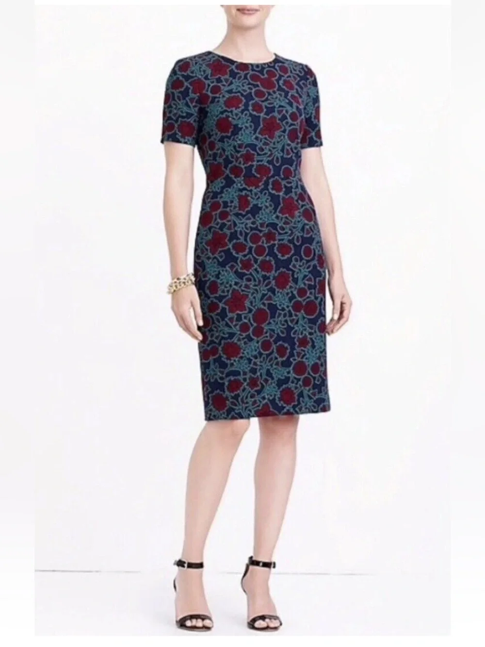J Crew Factory Floral Print Short Sleeve Sheath Dress Size 6 Navy Blue Green